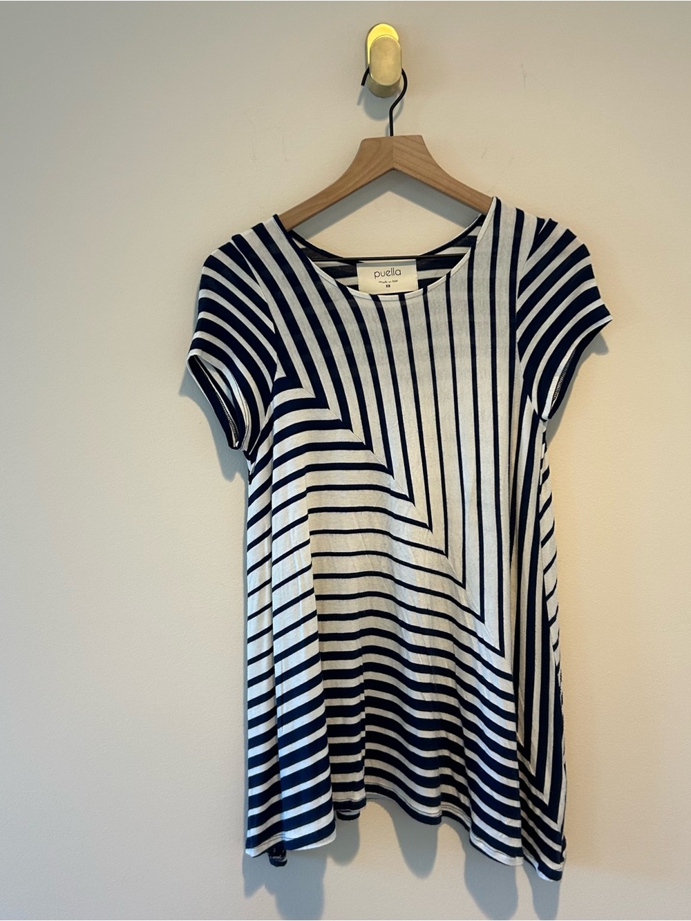 Puella Anthropologie Asymmetrical  Navy and White Striped Short Sleeve Top Bouse